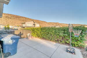 View of patio with a mountain view