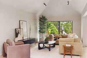 Living area featuring track lighting and vaulted ceiling