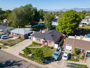 Aerial perspective of suburban area with mountains