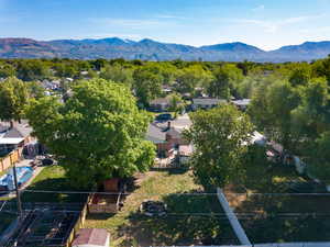 Aerial perspective of suburban area with mountains