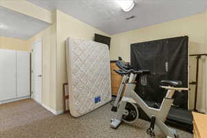 Basement Room currently a Workout room featuring carpet, a textured ceiling, and baseboards.  Cold Storage under porch is in this space as well.