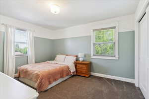 Bedroom with carpet flooring, a spacious closet, and colonial baseboards