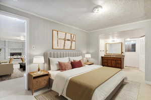 Staged basement bedroom with ornamental molding and an off bathroom sink