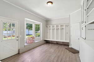 Step down mudroom with faux wood tile floor, and tons of storage
