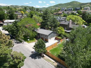 Aerial view of residential area with a mountain backdrop