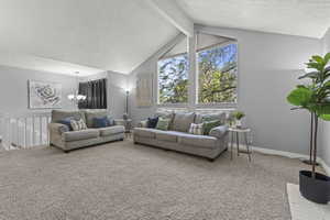 Carpeted living area with a brick fireplace, textured ceiling, and large windows