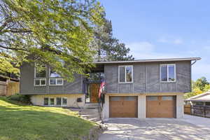 Split entry with 2 car garage, wood siding and landscaping