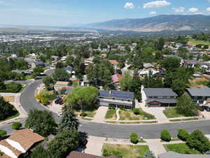 Aerial view of residential area with mountains