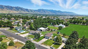 Aerial view of residential area with mountains