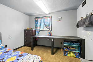 Bedroom featuring a textured ceiling and carpet floors