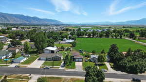Aerial perspective of suburban area with mountains