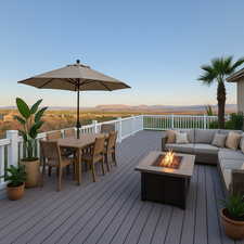 Deck with an outdoor living space with a fire pit and outdoor dining area