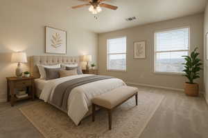 Bedroom with light carpet, baseboards, and a ceiling fan