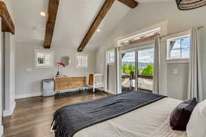 Master Bedroom with access to outside, dark wood-style flooring, multiple windows, baseboards, and recessed lighting