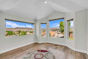 Unfurnished room with healthy amount of natural light, lofted ceiling, wood finished floors, and baseboards