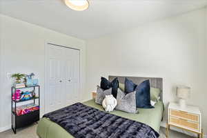 Carpeted bedroom with a closet and a textured ceiling