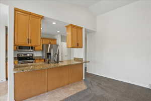 Kitchen with stainless steel appliances, stone countertops, a sink, a peninsula, and light colored carpet