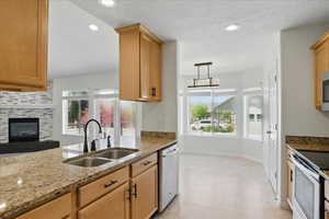 Kitchen with a sink, stainless steel dishwasher, light stone counters, electric range, and a fireplace