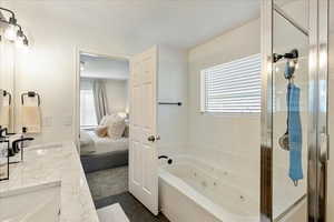 Ensuite bathroom featuring a tub with jets, double vanity, and a shower stall