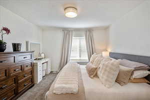 Carpeted bedroom featuring a textured ceiling