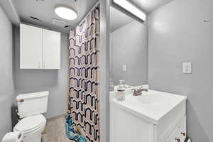 Bathroom with toilet, vanity, and a shower with shower curtain