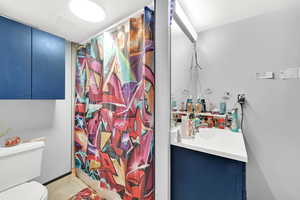 Bathroom featuring vanity, toilet, and a shower with curtain