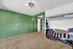 Carpeted bedroom with a textured ceiling, baseboards, and a closet