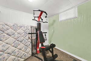 Exercise area with baseboards and carpet