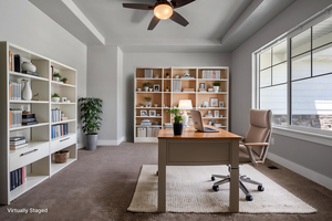 Office featuring a ceiling fan, carpet, a tray ceiling, and baseboards