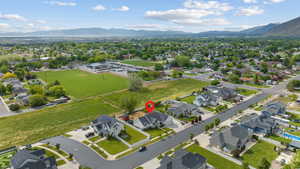 Aerial perspective of suburban area featuring mountains