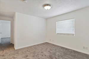 Empty room featuring carpet floors, a textured ceiling, a smoke detector, and baseboards