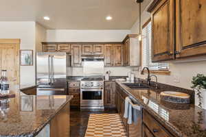 Kitchen featuring stainless steel appliances, a sink, dark stone countertops, decorative light fixtures, and under cabinet range hood