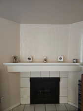 Detailed view of a fireplace and baseboards