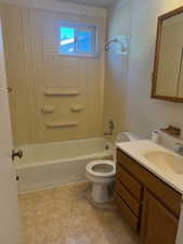 Full bathroom featuring vanity, shower / bath combination, and toilet