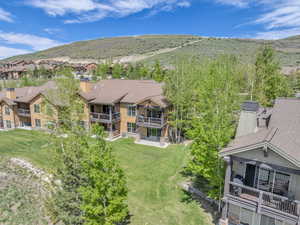 Aerial view of residential area with mountains