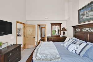 Bedroom with a high ceiling and carpet floors