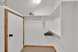 Walk in closet featuring vaulted ceiling and carpet flooring