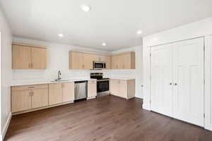 Kitchen with stainless steel appliances, light brown cabinets, light countertops, dark wood-style flooring, and recessed lighting