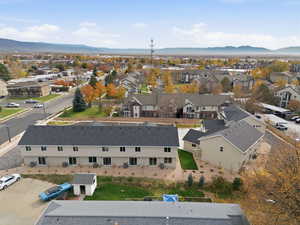Aerial view of residential area with a mountainous background
