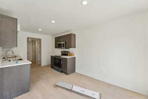 Kitchen with stainless steel appliances, a sink, light wood-style flooring, light countertops, and recessed lighting