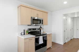 Kitchen featuring light brown cabinets, appliances with stainless steel finishes, modern cabinets, and recessed lighting