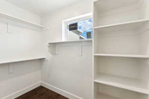 Spacious closet with dark wood finished floors