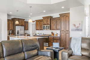 Kitchen with stainless steel appliances, a sink, open floor plan, recessed lighting, and light stone countertops