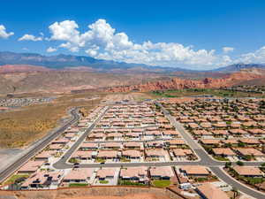 Aerial perspective of suburban area with mountains