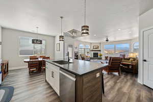 Kitchen featuring dishwasher, a sink, dark countertops, dark wood-style flooring, and baseboards