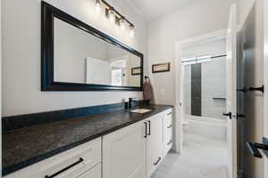 Full bath featuring vanity, toilet, and tub / shower combination