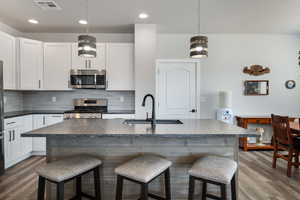 Kitchen featuring stainless steel appliances, a sink, dark countertops, dark wood finished floors, and recessed lighting