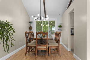 Dining room featuring a chandelier, light wood finished floors, and baseboards