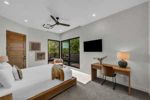 Bedroom featuring carpet, an office area, ceiling fan, and recessed lighting