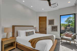 Bedroom featuring access to exterior, recessed lighting, carpet floors, and a ceiling fan